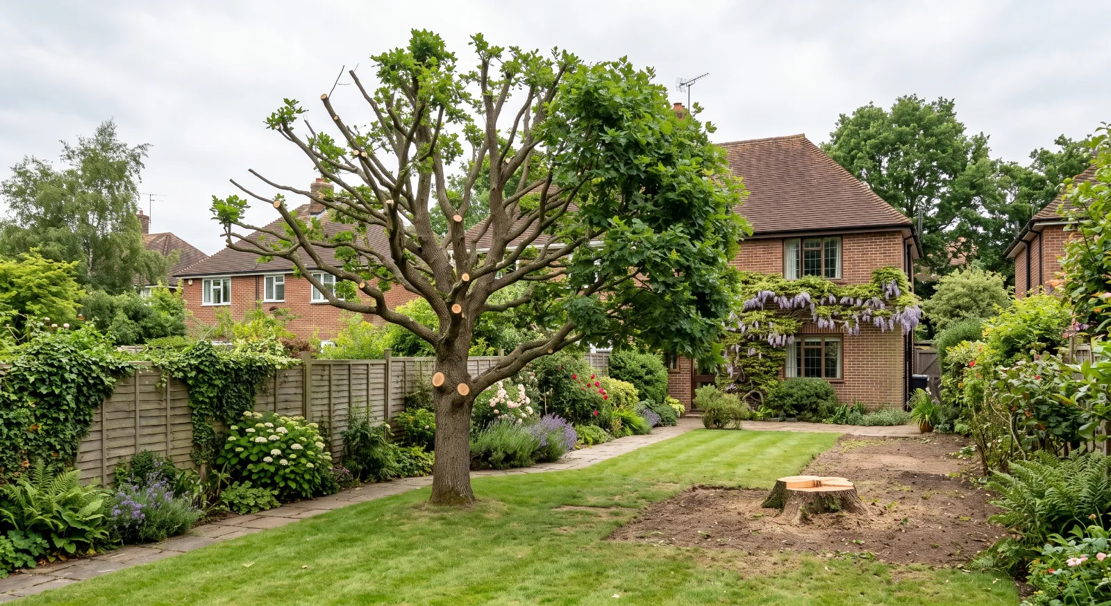 Tree pruning and removal work in a Surrey garden