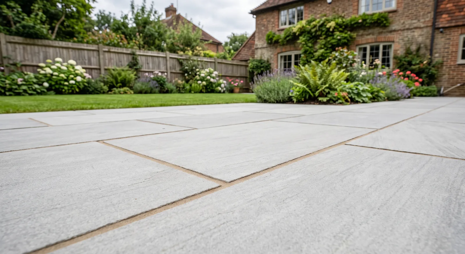 Patio paving with neatly finished joints in a Surrey garden