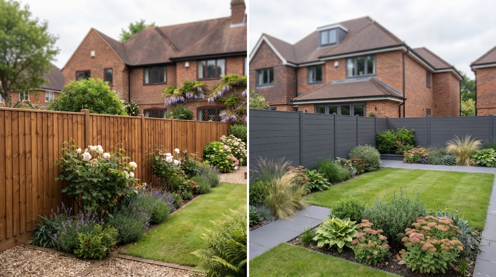 Timber and composite fencing options in a Surrey garden
