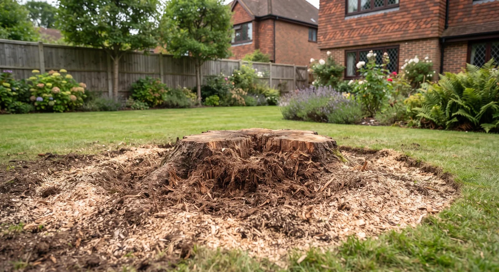 Stump grinding in a Surrey garden
