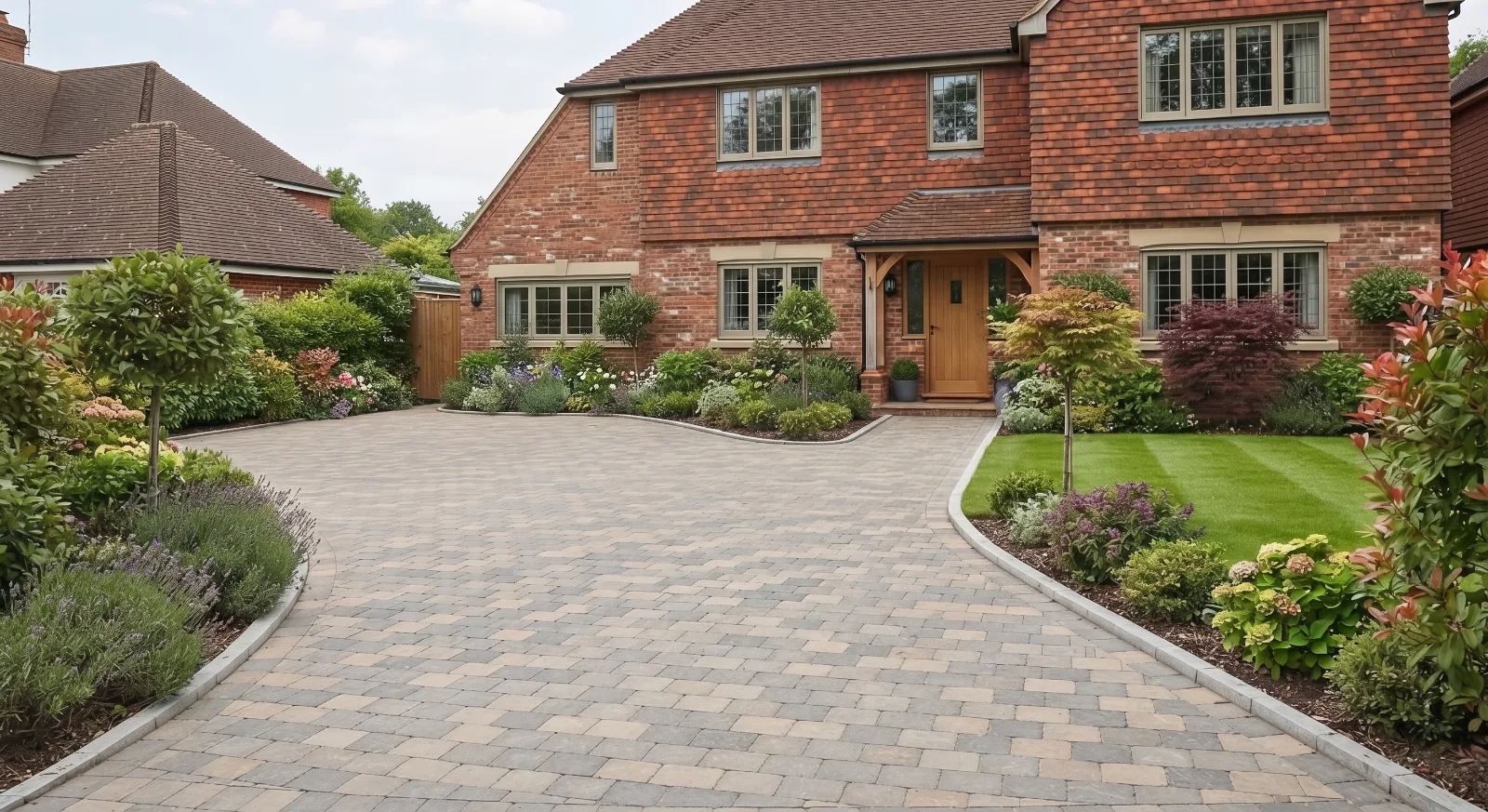 A traditional two-story brick and tiled house with a spacious block-paved driveway and manicured landscaping.