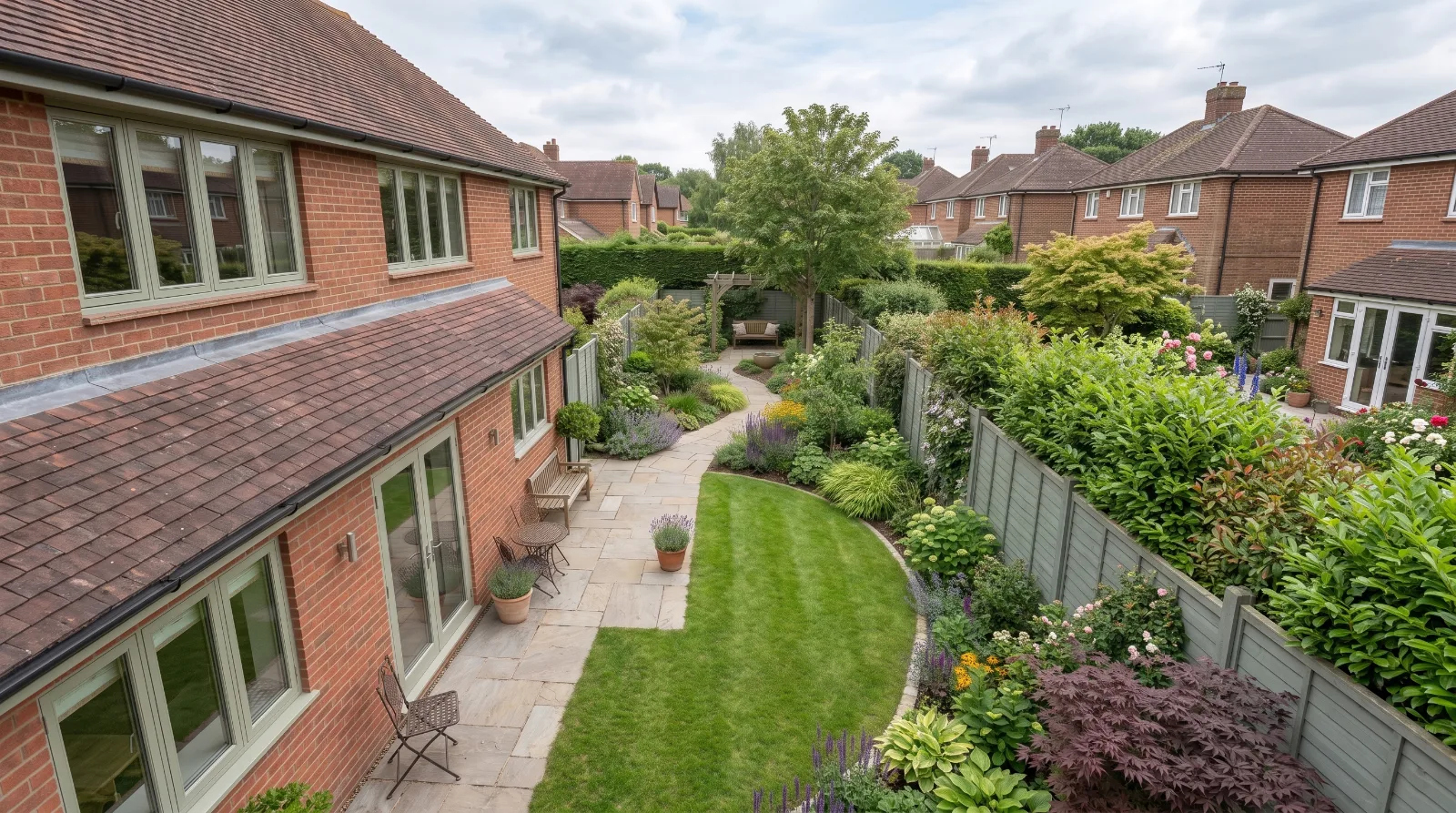 Long narrow garden design in Surrey