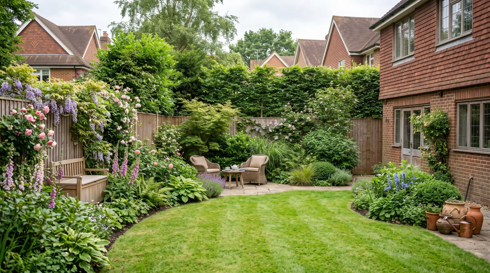 Private landscaped garden with fencing and screening in Surrey