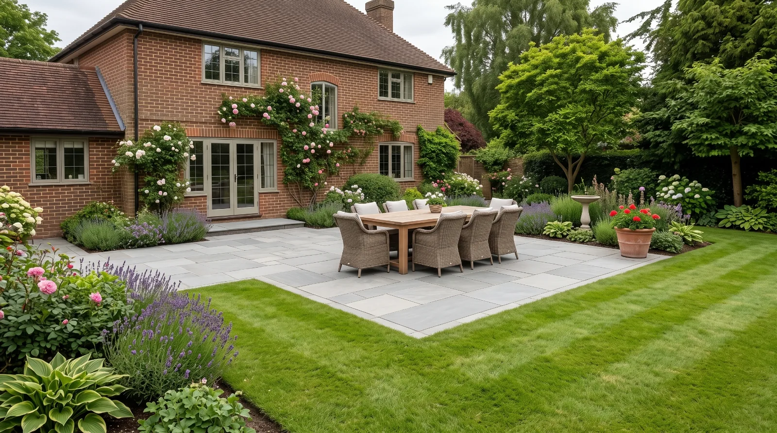 Extended patio in a Surrey residential garden
