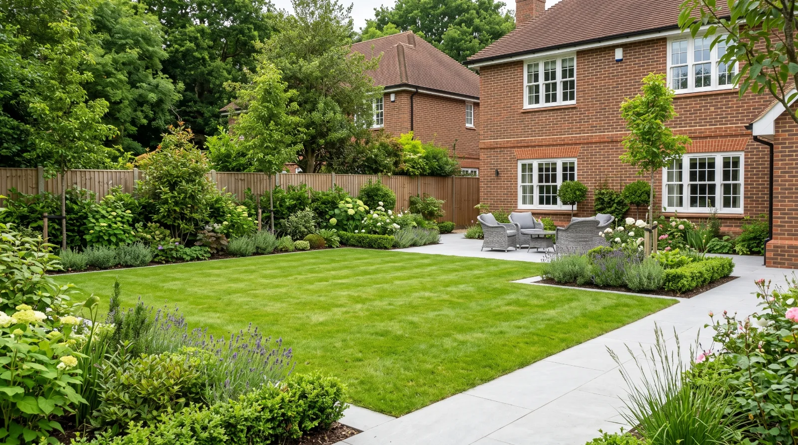 Newly landscaped garden being maintained in Surrey