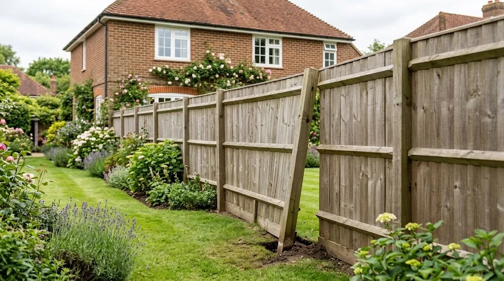 Leaning timber fence posts in a Surrey garden