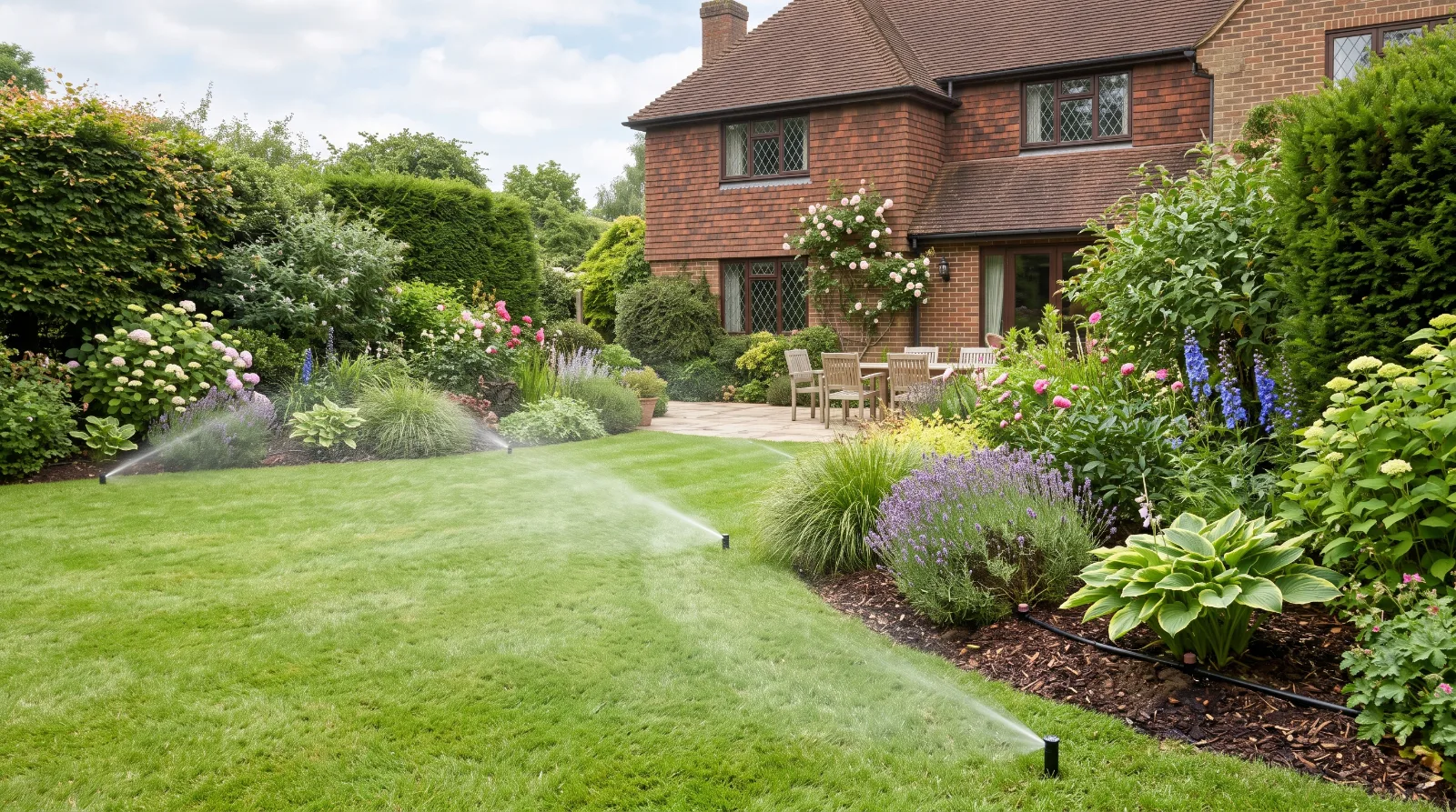 Garden irrigation system watering lawn and planting in Surrey
