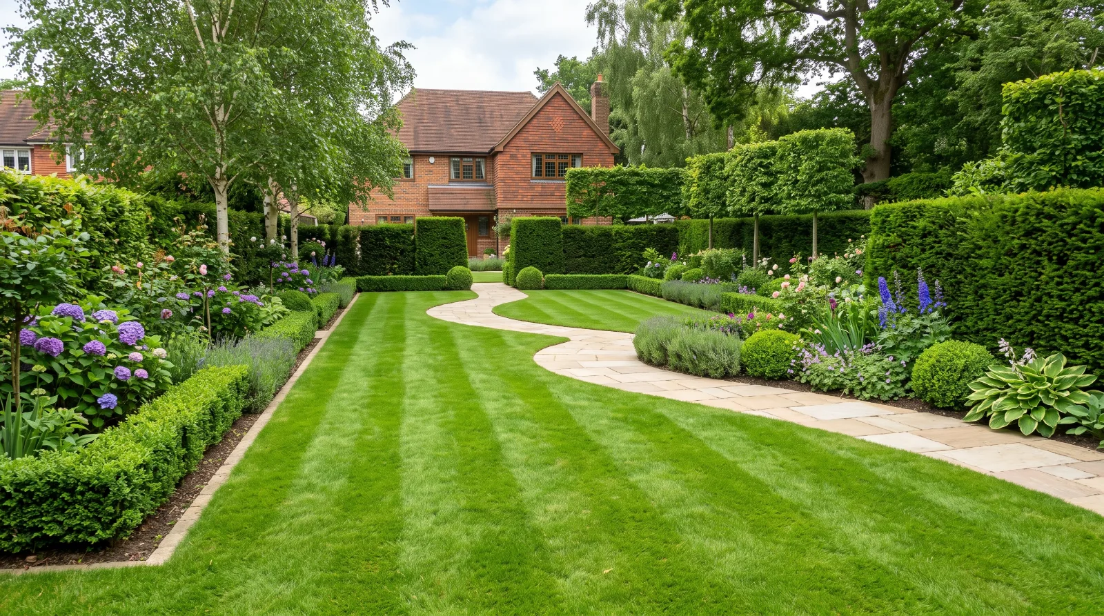 Professional garden maintenance in a landscaped Surrey garden