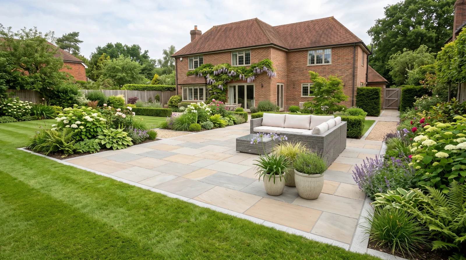 Newly replaced patio in a landscaped Surrey garden