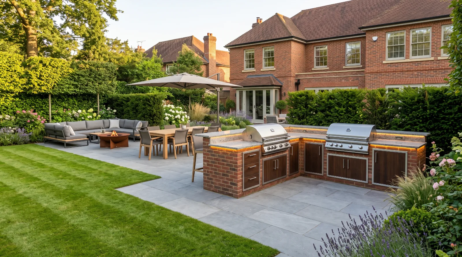 Bespoke outdoor kitchen in a landscaped Surrey garden