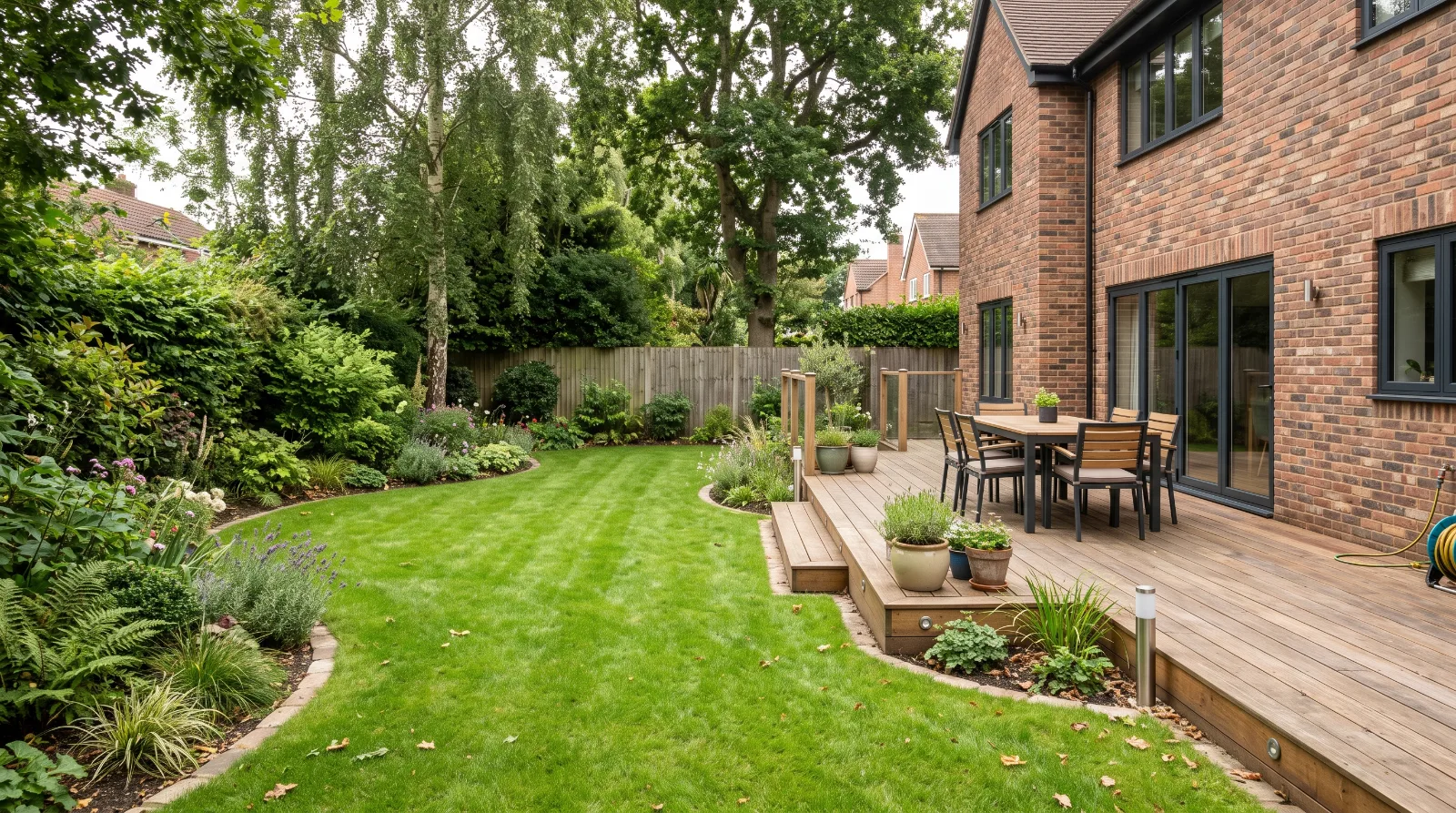 A wide-angle view of a beautifully landscaped garden featuring a timber deck with dining furniture attached to a modern brick house, bordered by a neat lawn and lush green plants.