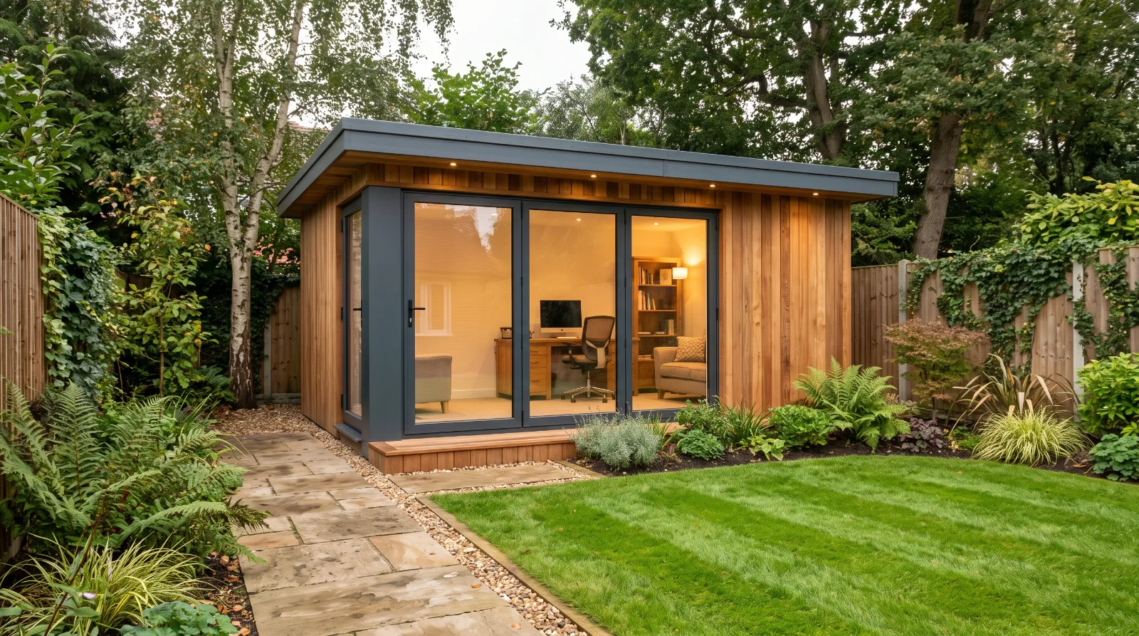 A modern, timber-clad garden room with a warmly lit interior office, set in a beautifully landscaped backyard with a stone pathway, lush green lawn, and mature trees.