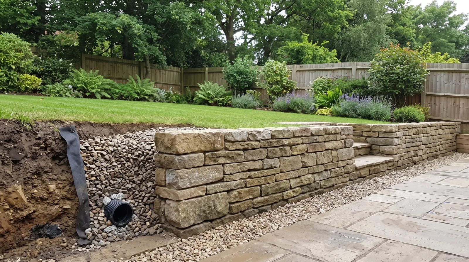 A natural stone retaining wall in a backyard garden, with a cutaway revealing its underground drainage system of gravel and pipe supporting a raised lawn.