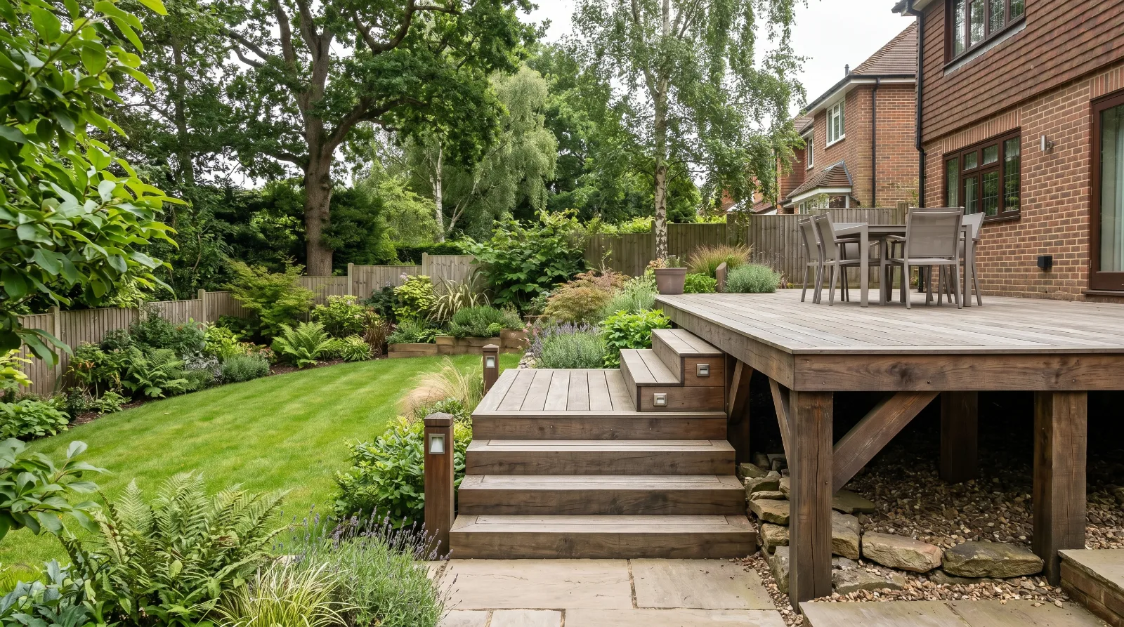 A raised timber deck on sturdy supports overlooking a sloping, lush green garden, with wide wooden steps connecting it to a lower lawn and patio area.