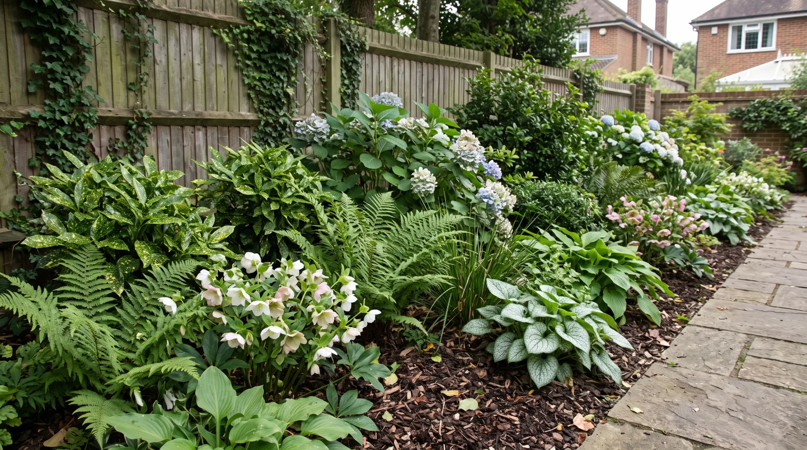Shade-tolerant flowers, ferns and evergreen shrubs in a north-facing English garden.