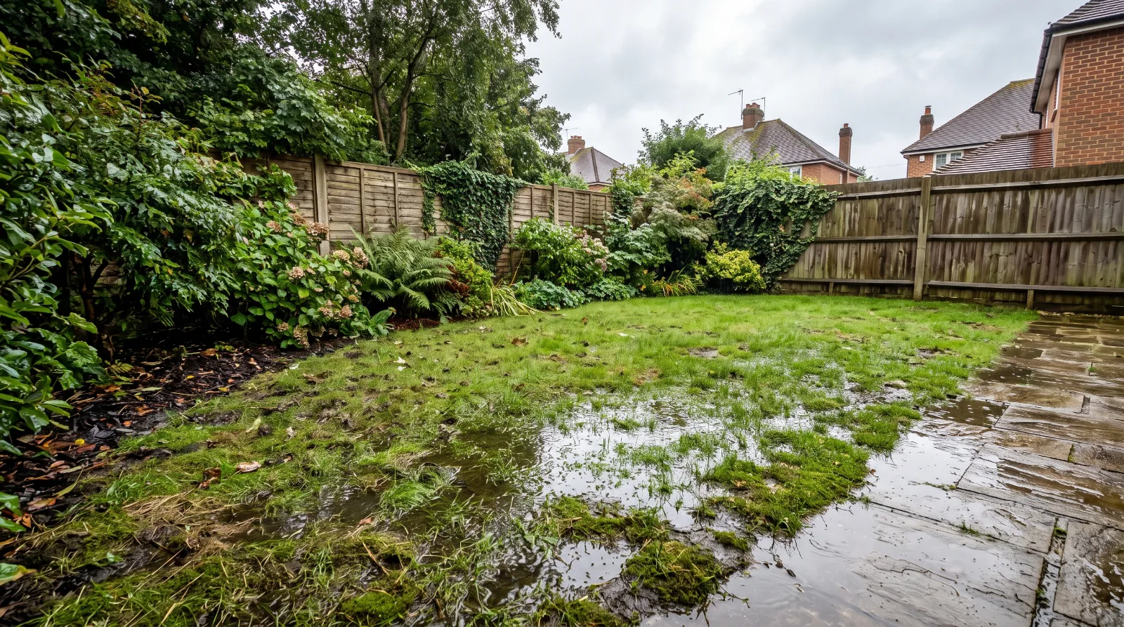 Waterlogged lawn with standing water in a British garden after heavy rainfall.