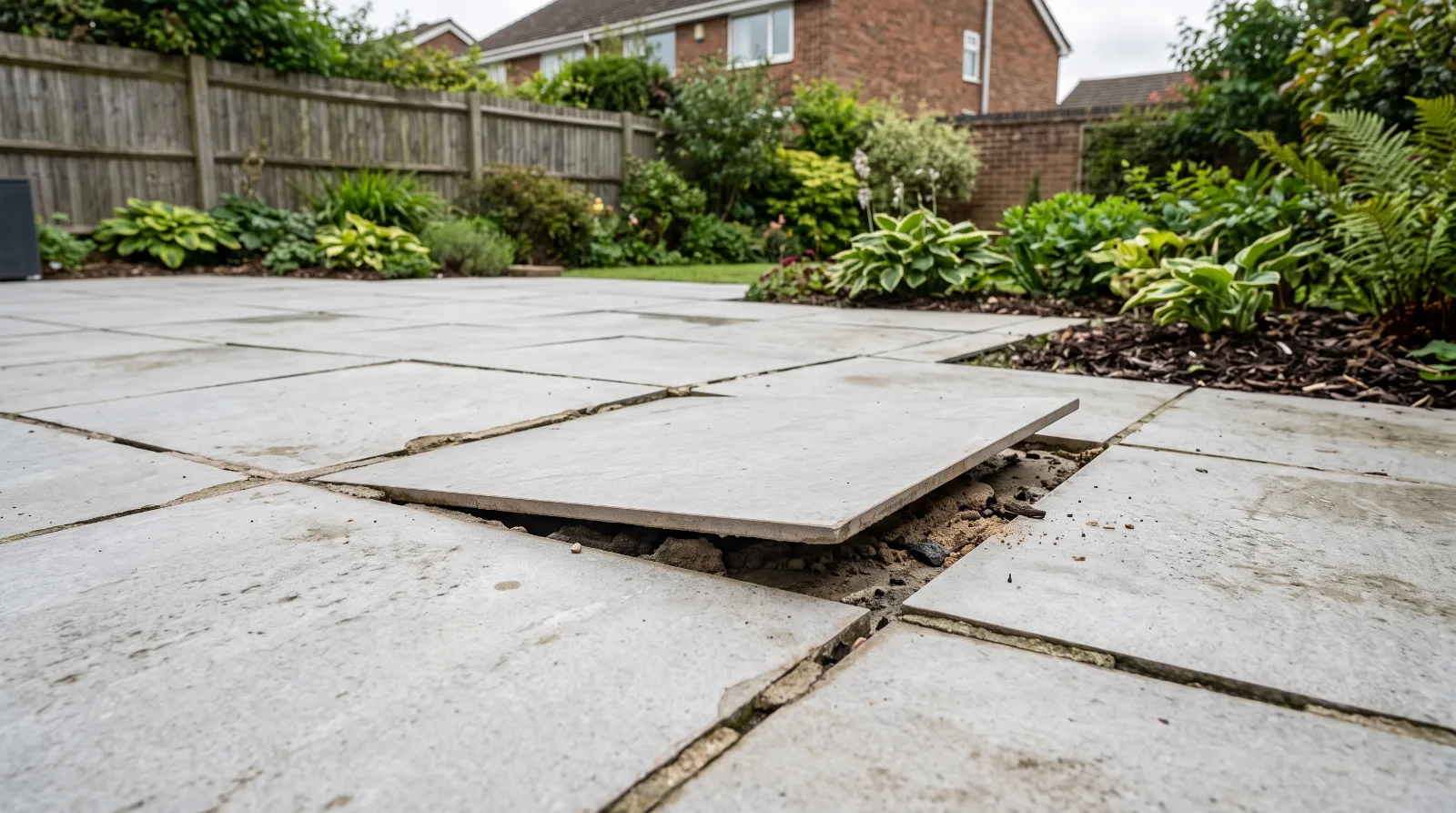 Loose patio slabs in a British garden.