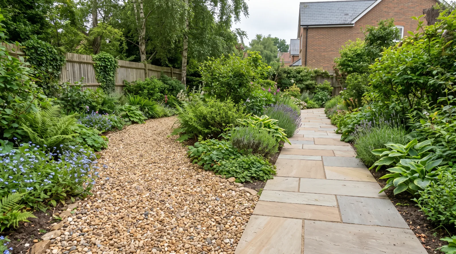 : Gravel and paved garden paths beside landscaped borders.