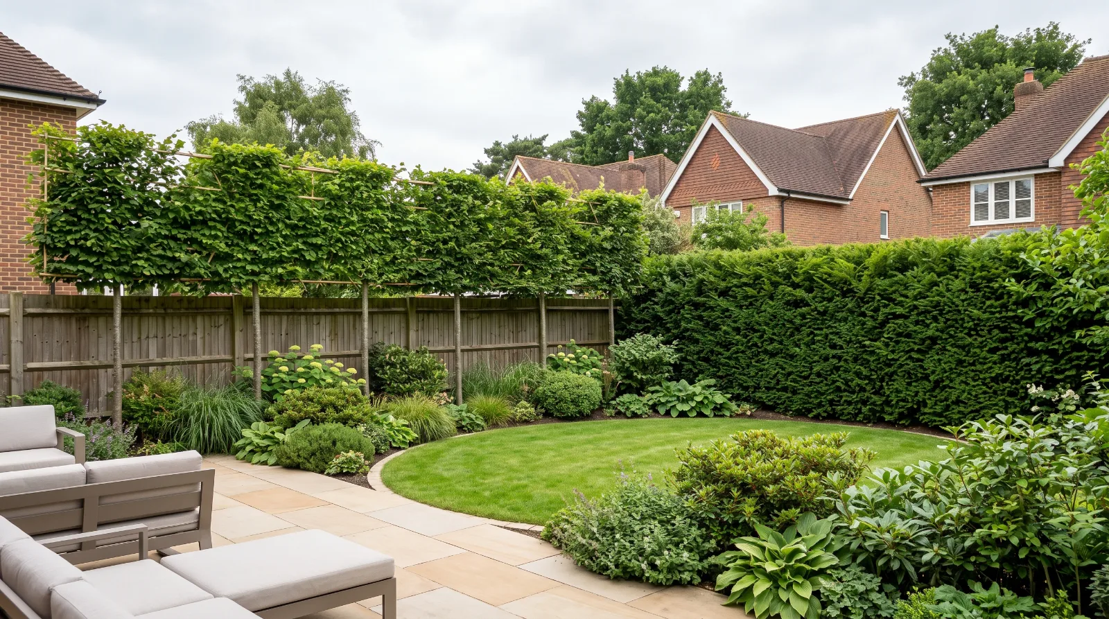 Pleached trees providing elevated privacy beside a garden patio.