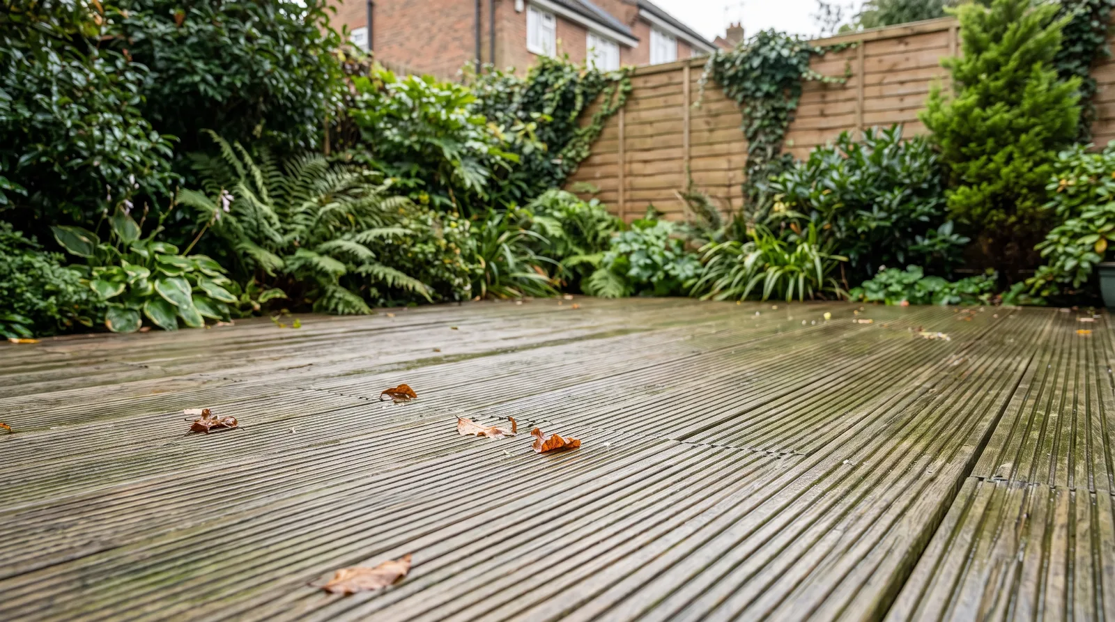 Slippery timber decking with algae and damp leaves in a British garden.