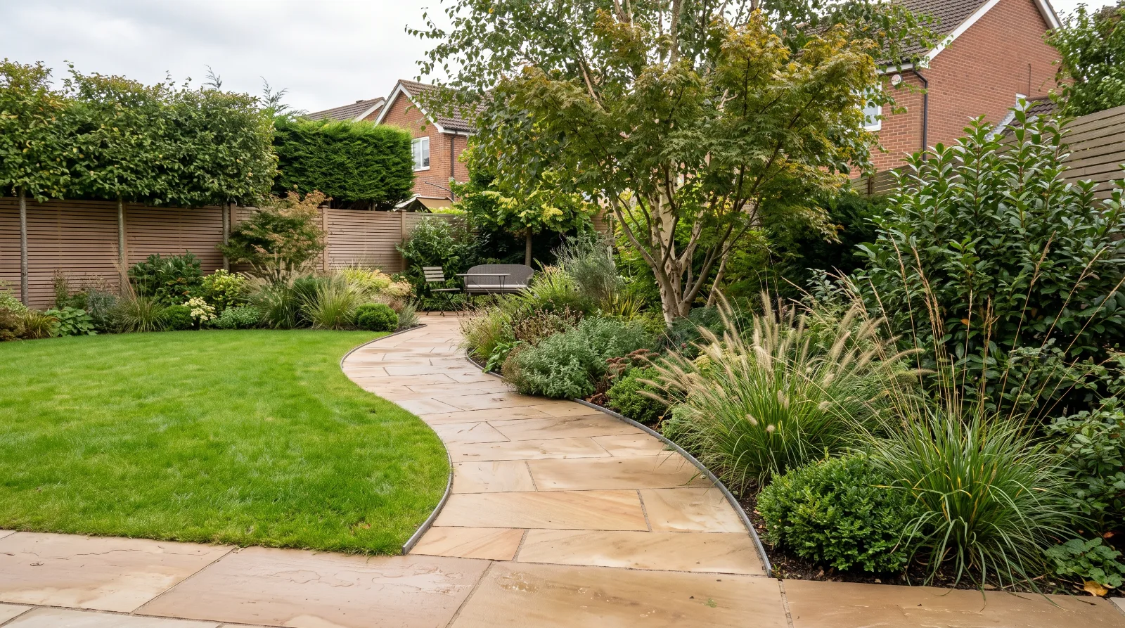 Curved garden path connecting a patio and planted borders in a British garden.