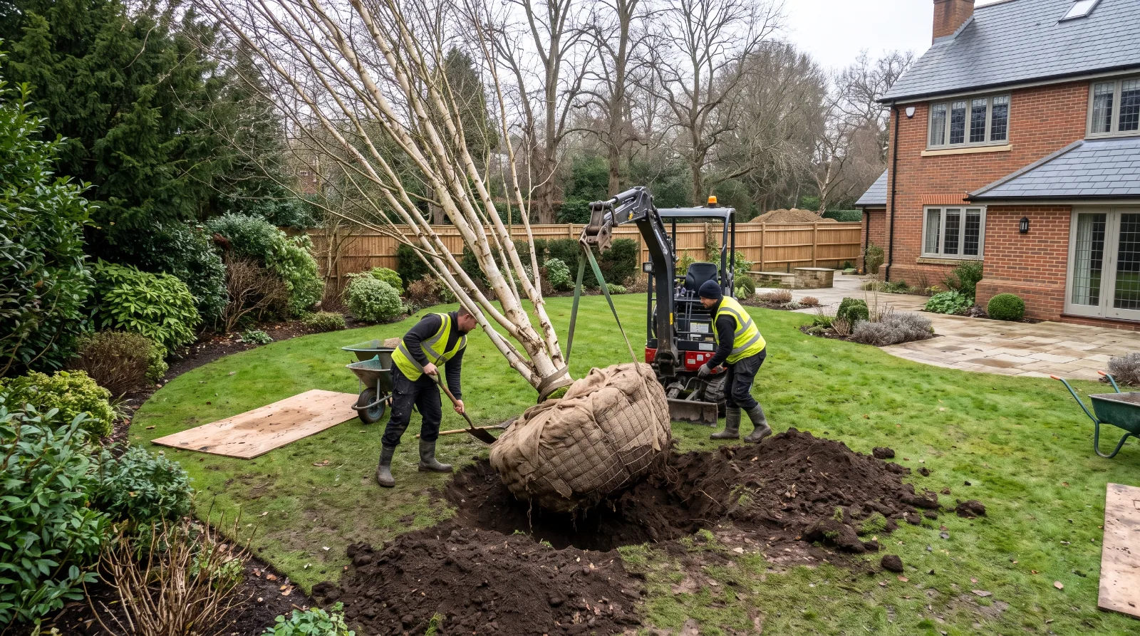 Planting a mature specimen tree in a professionally landscaped winter garden.