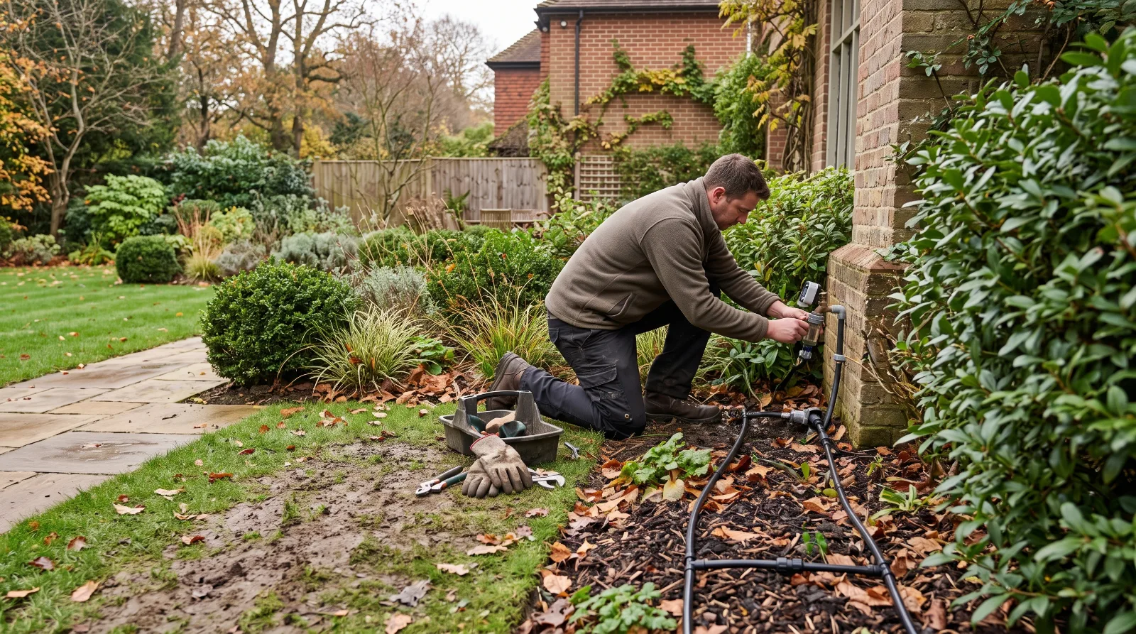 Garden irrigation pipework and fittings being checked before winter.