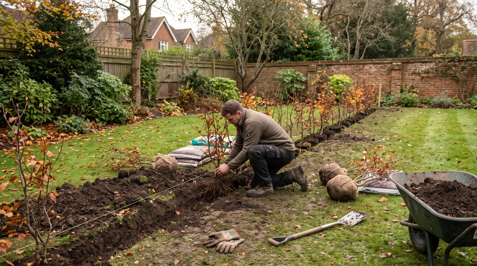 Planting a new hedge in a prepared trench in a Surrey garden during autumn.