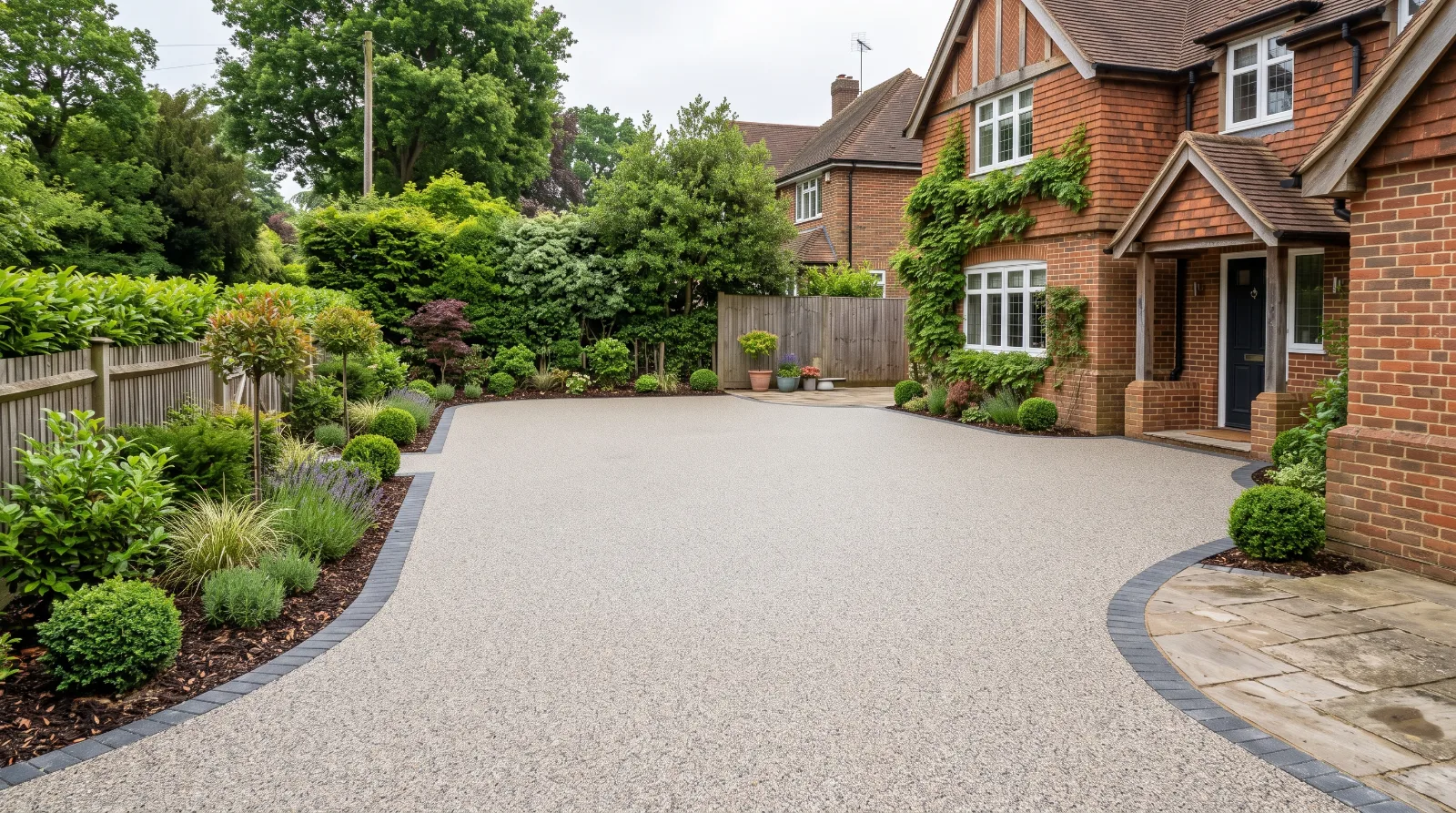 Resin-bound driveway at a Surrey home with a smooth, permeable finish and landscaped garden borders