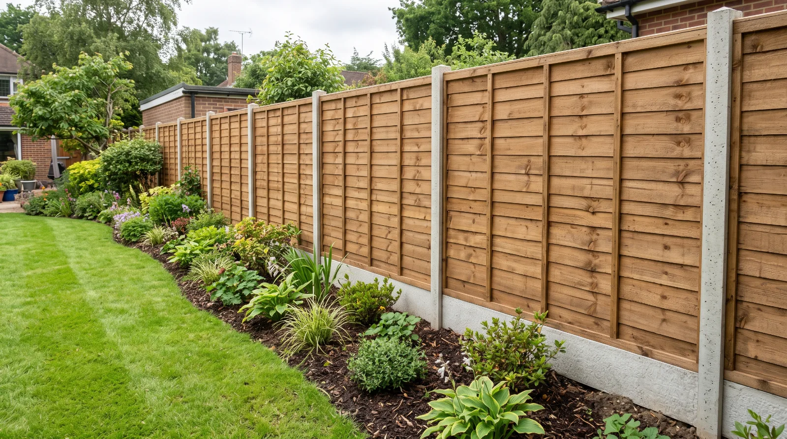 Wooden fence panels protected from rot with concrete gravel boards in a well-maintained Surrey garden.