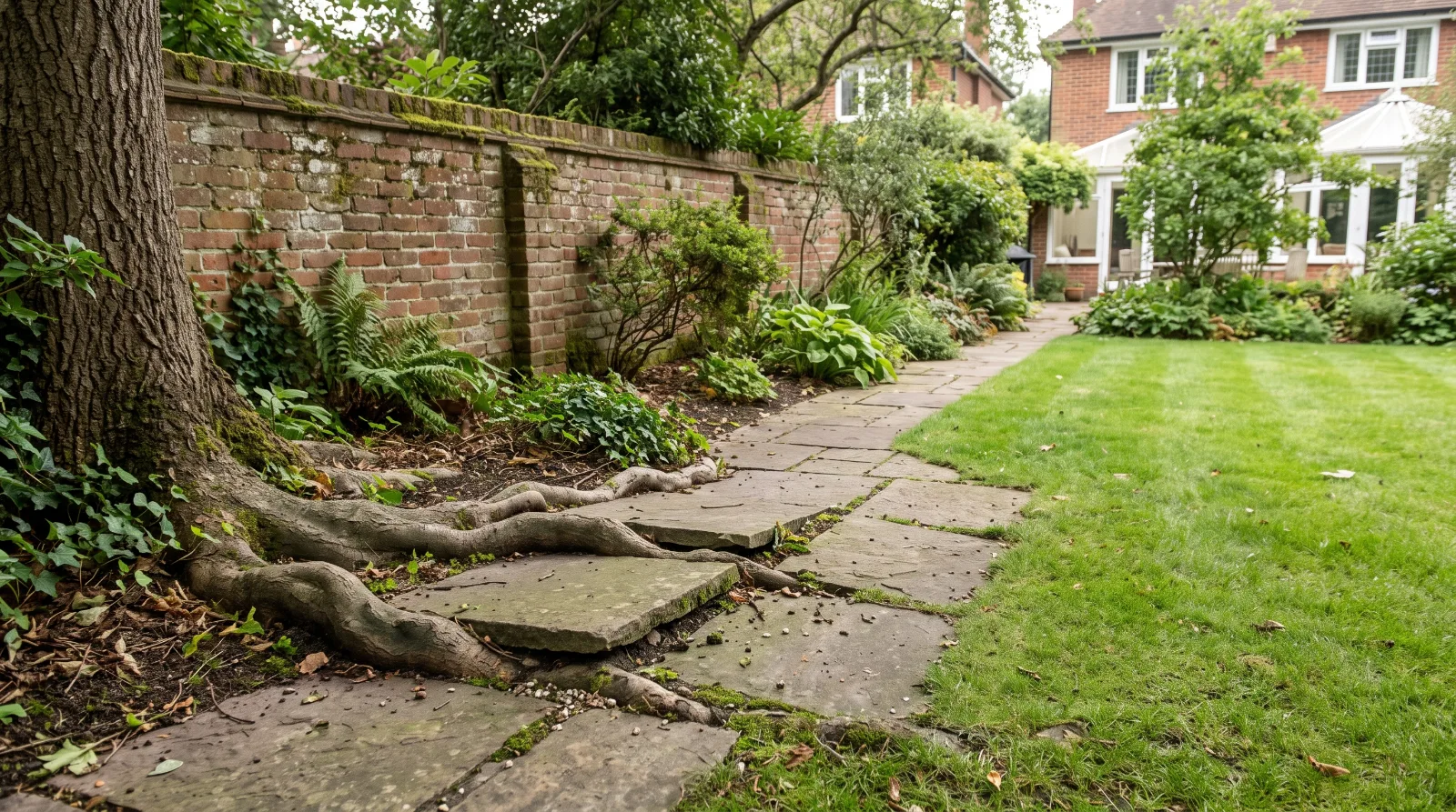 Tree roots lifting driveway paving beside a brick garden wall in a landscaped Surrey garden.