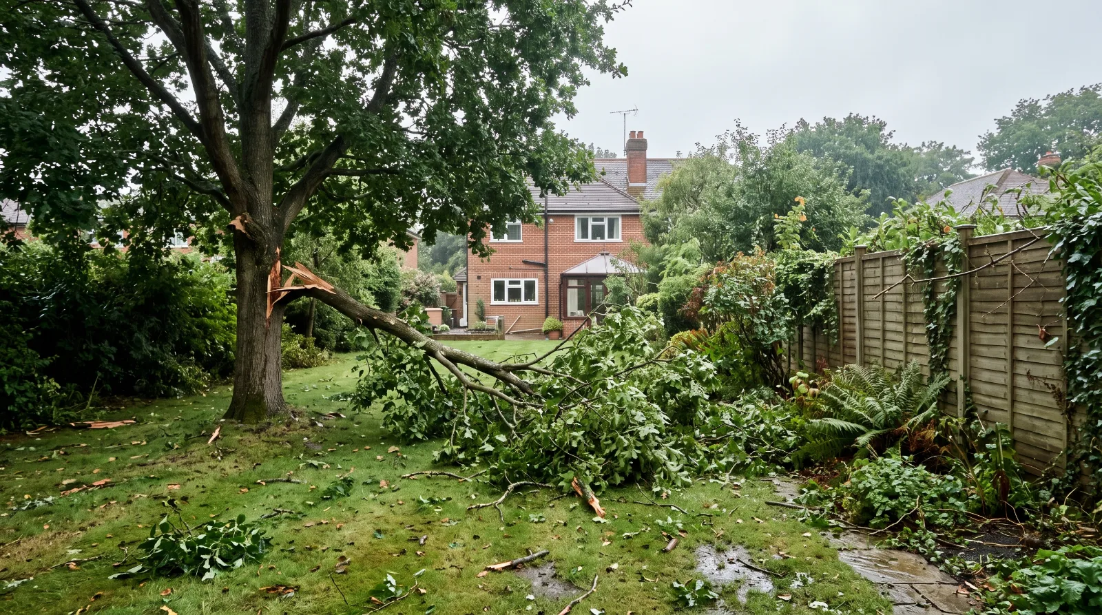 Storm-damaged tree with a broken branch in a Surrey garden, highlighting the need for professional tree surgery.