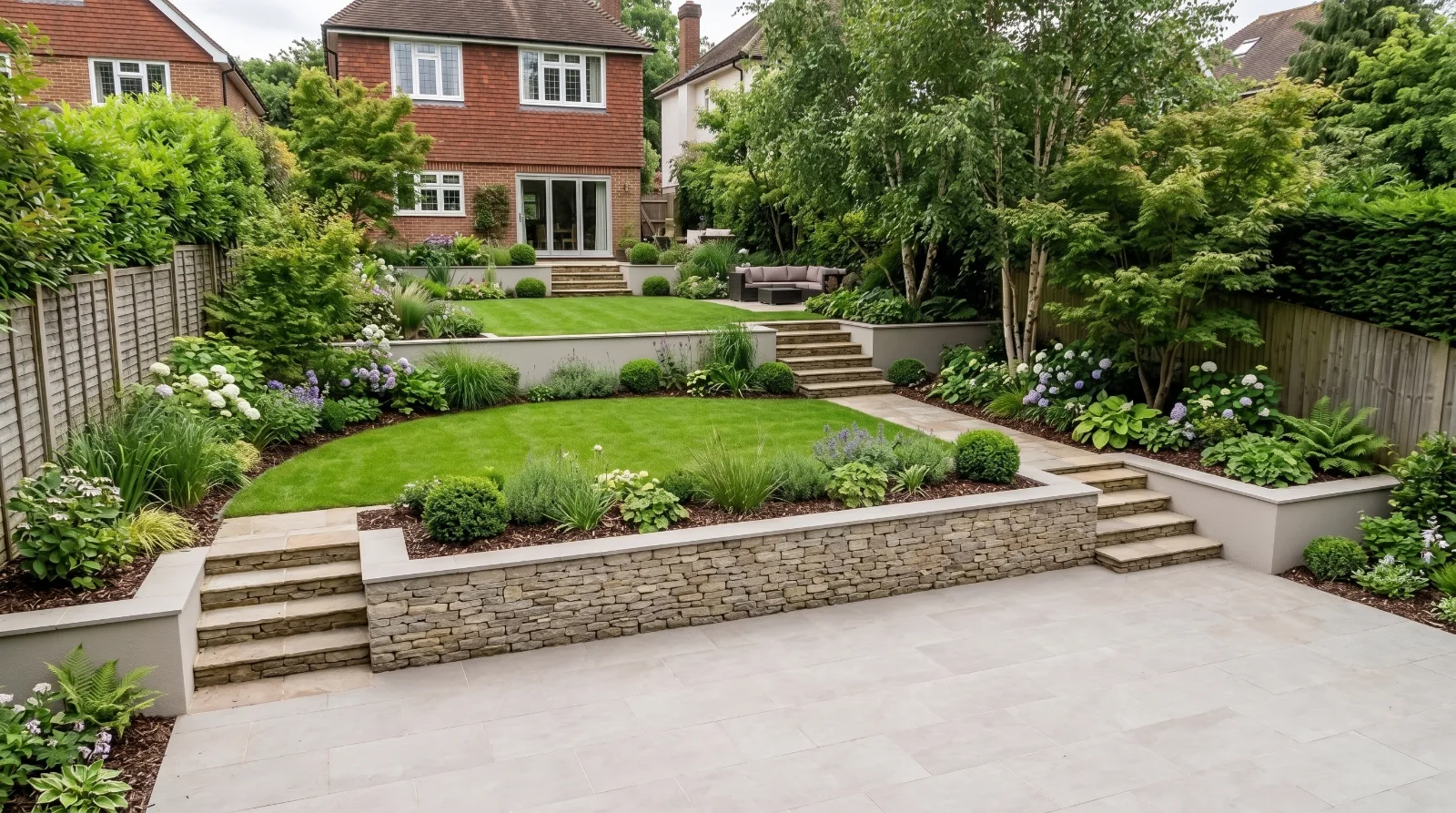 Terraced sloping garden in Surrey with stone retaining walls, paved seating area, garden steps, lawn and layered planting.