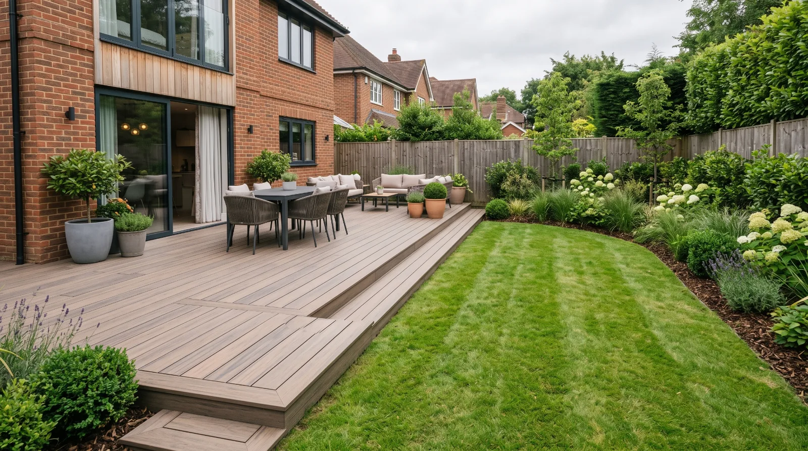 Composite decking in a landscaped Surrey garden with modern garden furniture, planted borders and a neatly maintained lawn.
