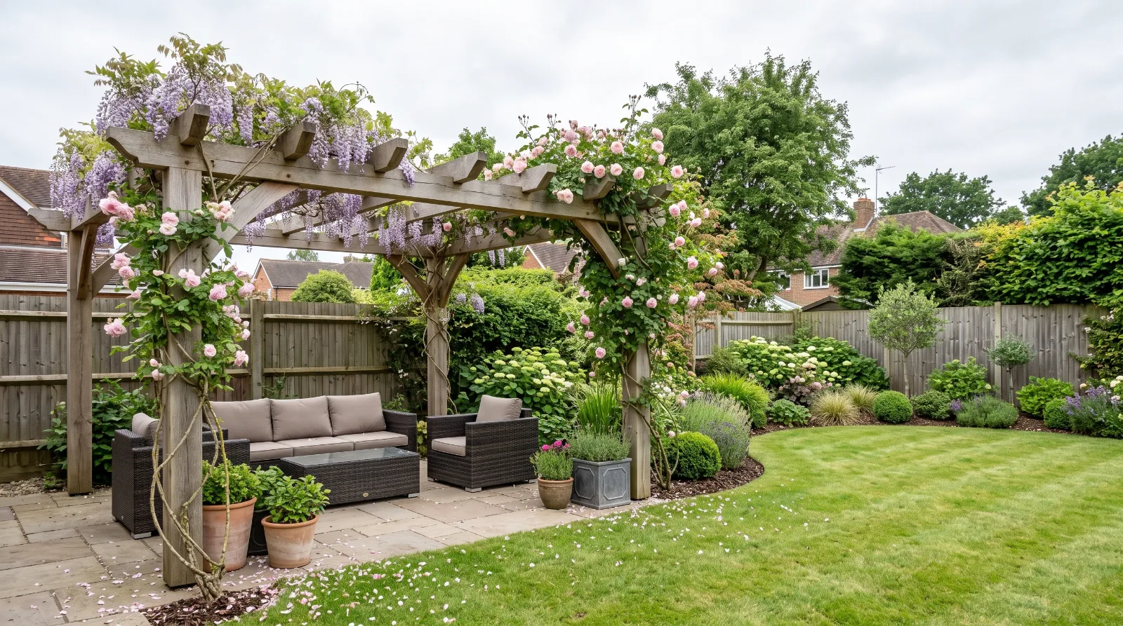Timber pergola covered with flowering wisteria and climbing roses in a landscaped Surrey garden with a paved patio and lush planting.