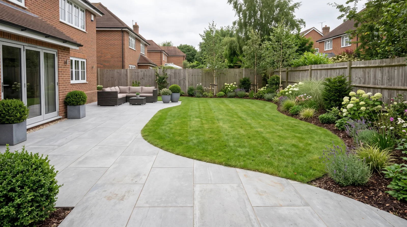 Contemporary porcelain patio in a Surrey garden with light grey paving, landscaped planting borders and a neatly maintained lawn.