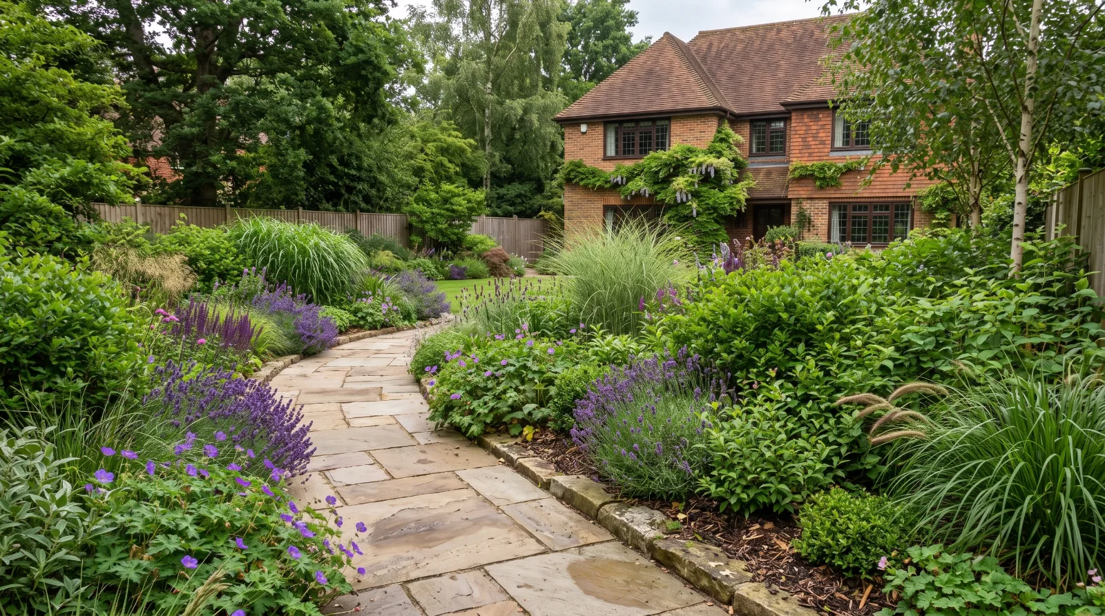 Curved natural stone garden path surrounded by ornamental planting in a Surrey garden.
