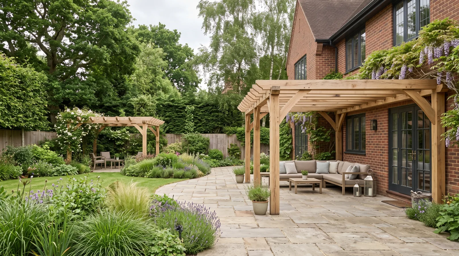 Freestanding timber pergola and attached pergola design ideas for a landscaped Surrey garden.