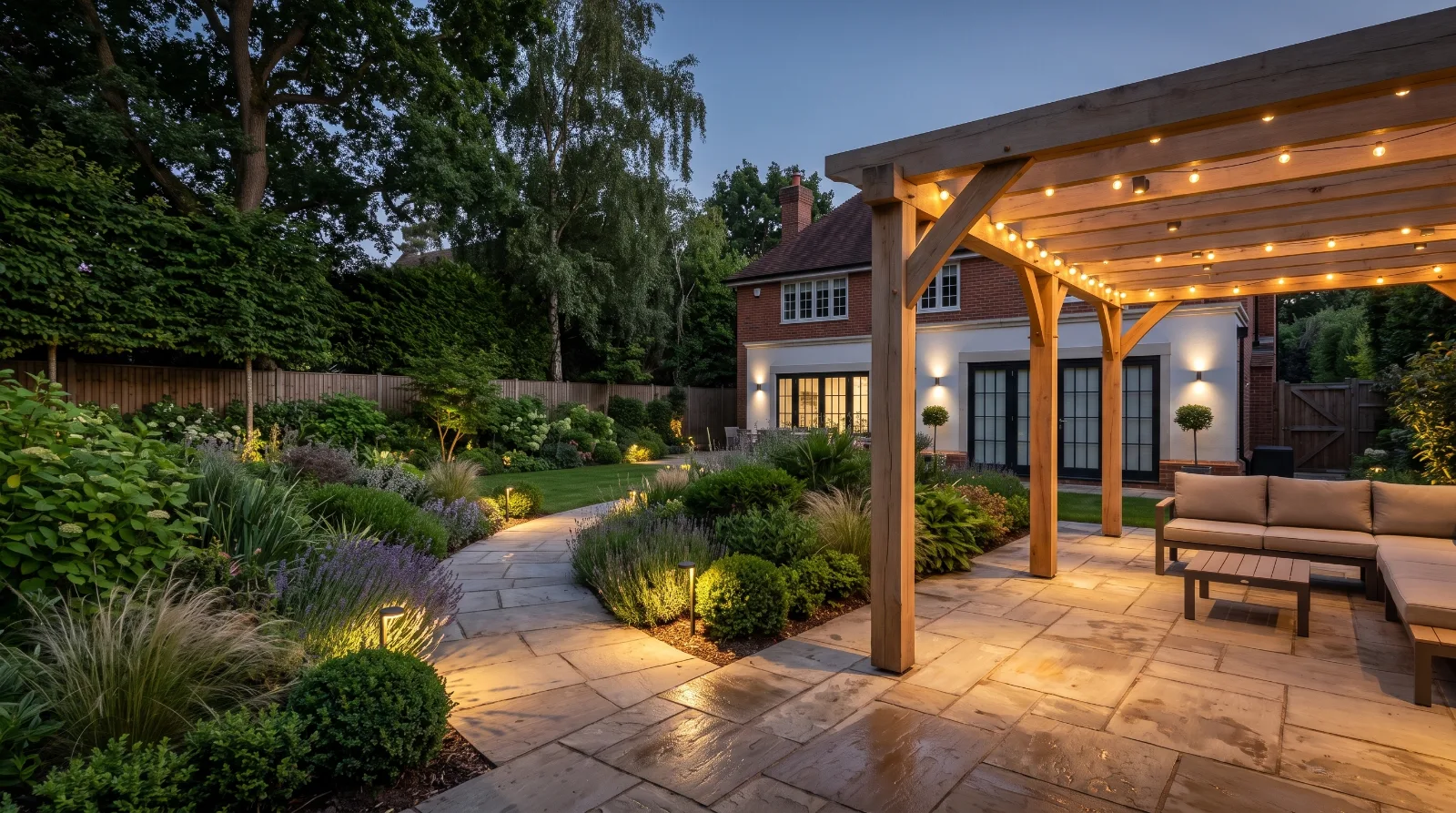 Warm and cool white lighting illuminating a landscaped garden patio and pathway.