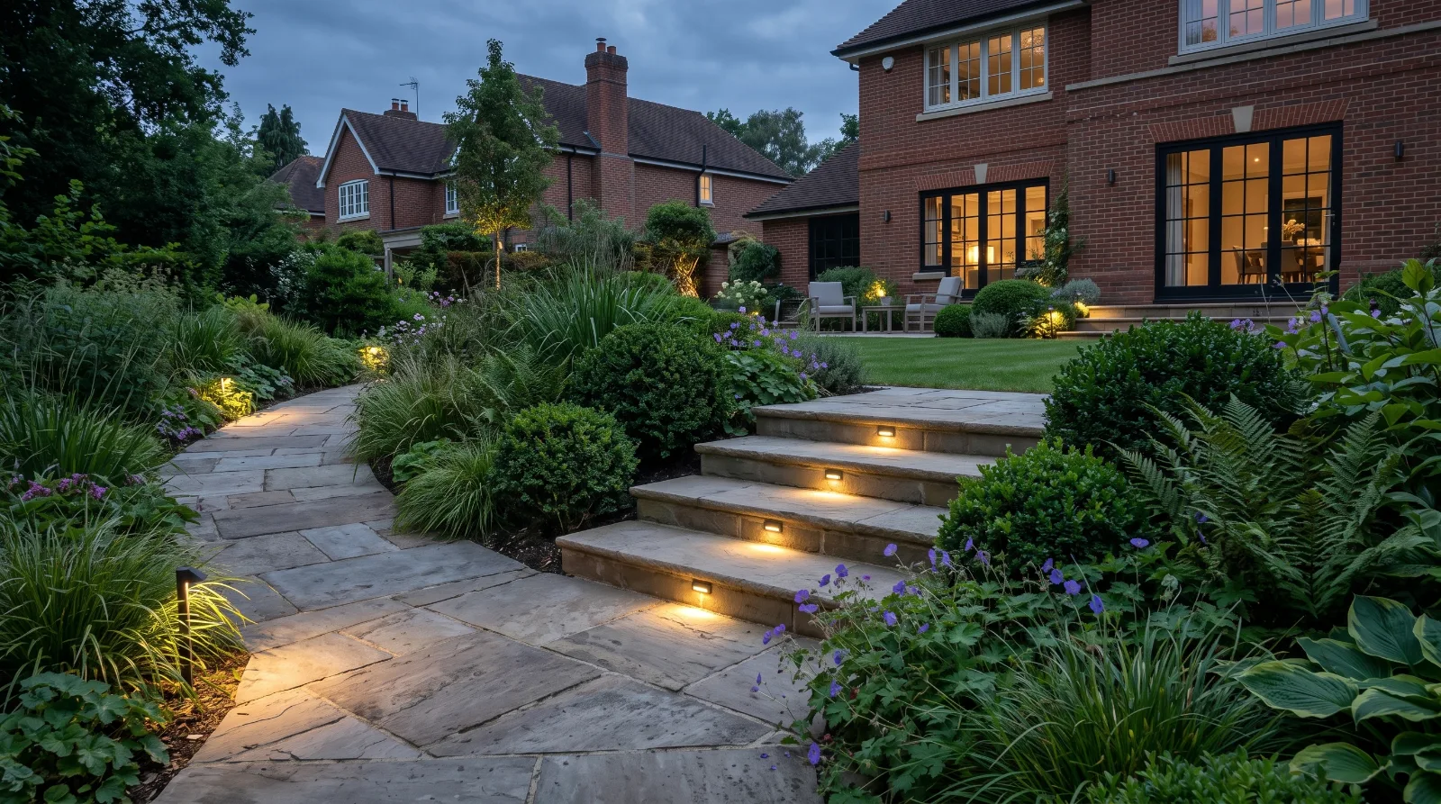 Warm LED lights illuminating stone garden steps and a landscaped path in a Surrey garden.