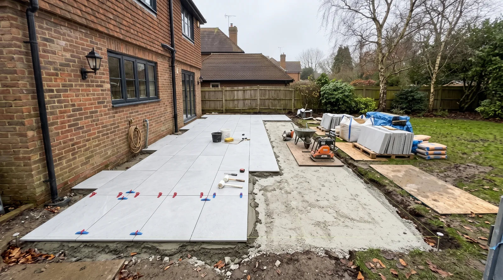 New stone patio being installed in a British garden during mild winter weather.