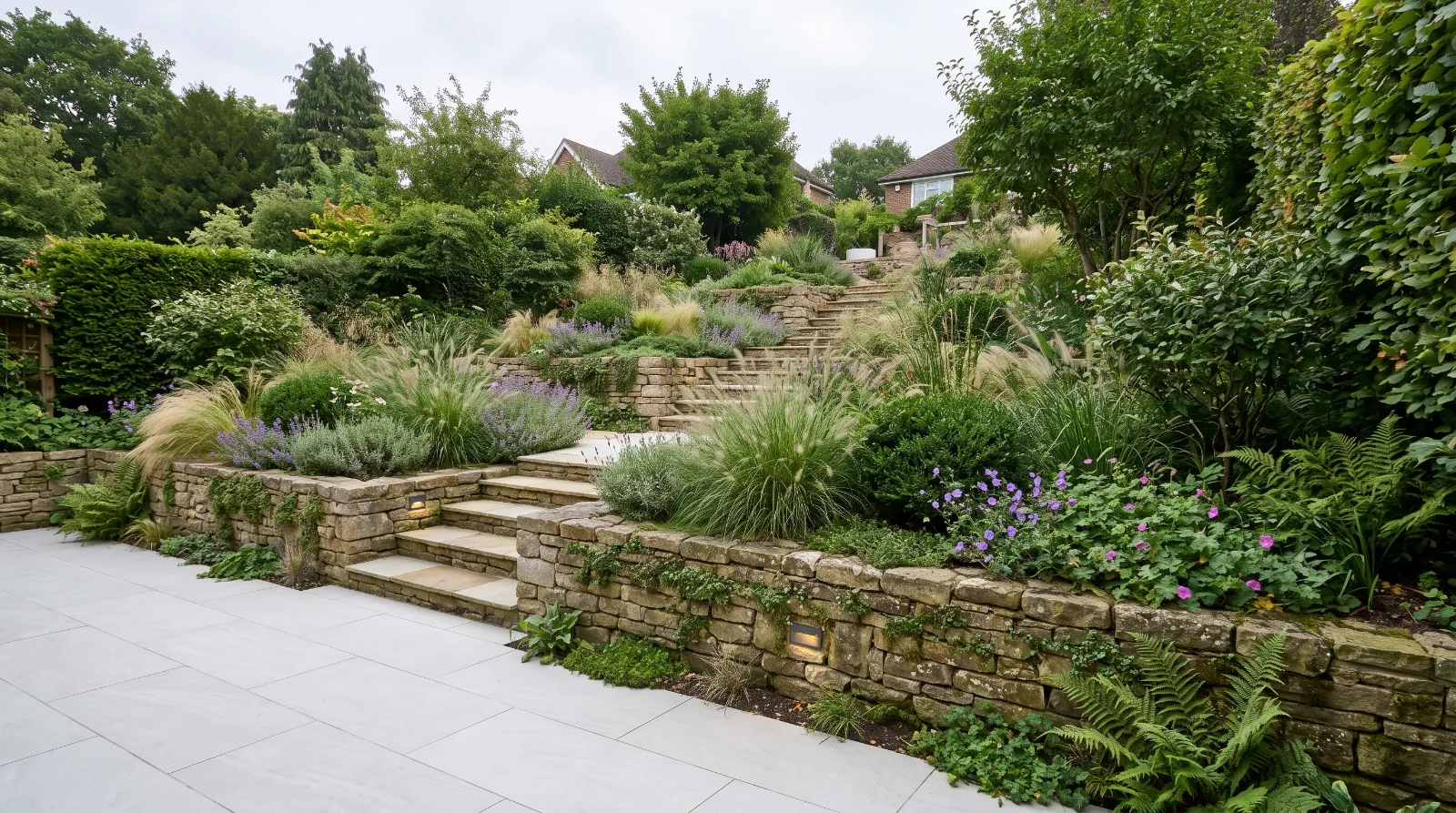 Terraced sloping garden in Surrey with stone retaining walls, paved seating areas, garden steps and layered planting.