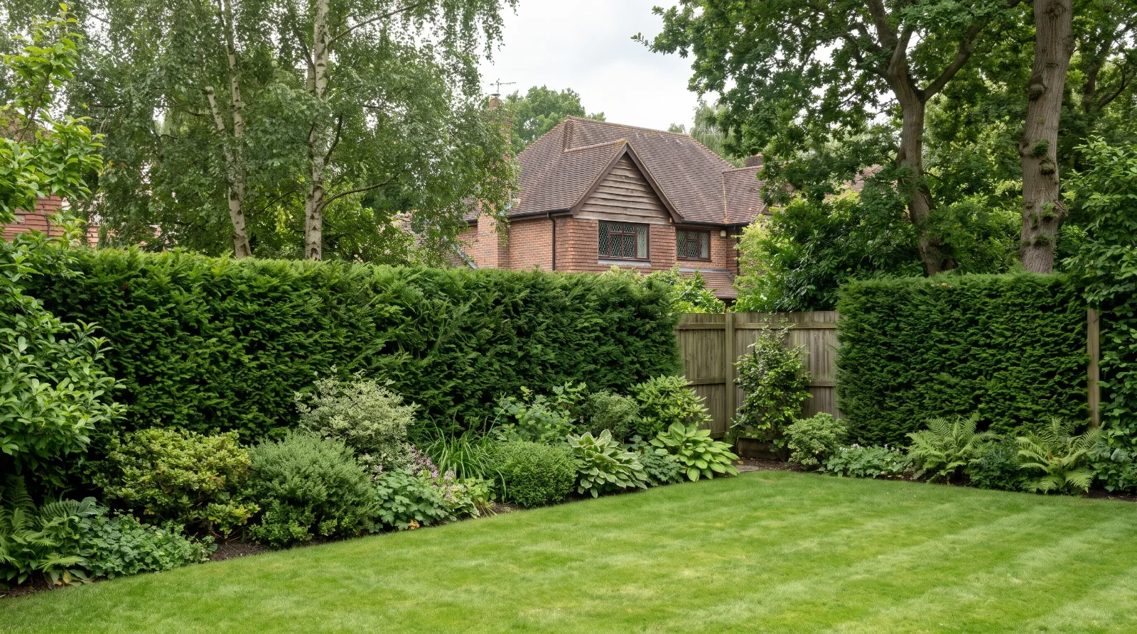 Dense evergreen privacy hedge beside a landscaped Surrey garden with lawn, planting borders and a timber boundary fence.