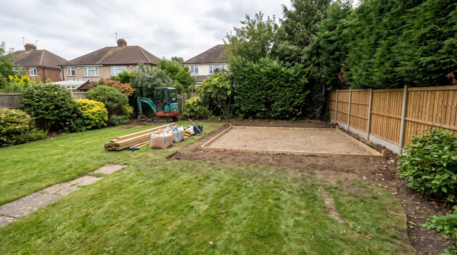 Prepared level garden area ready for a garden room installation in a landscaped Surrey garden.