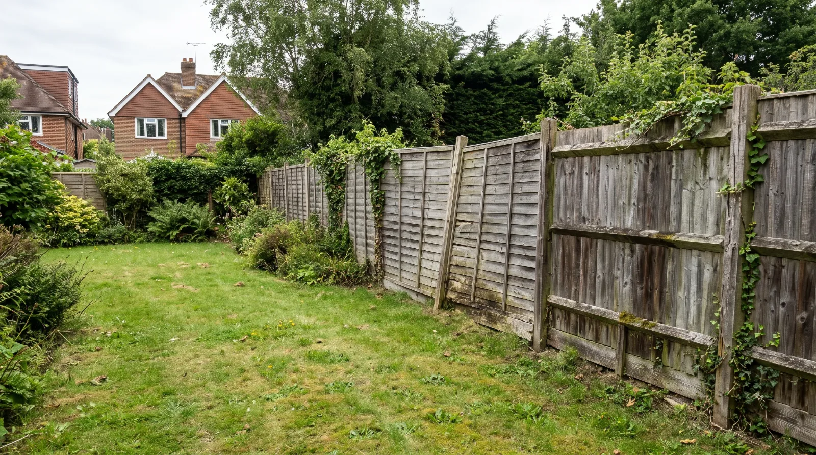 Worn timber garden fencing showing signs of deterioration in a British garden.