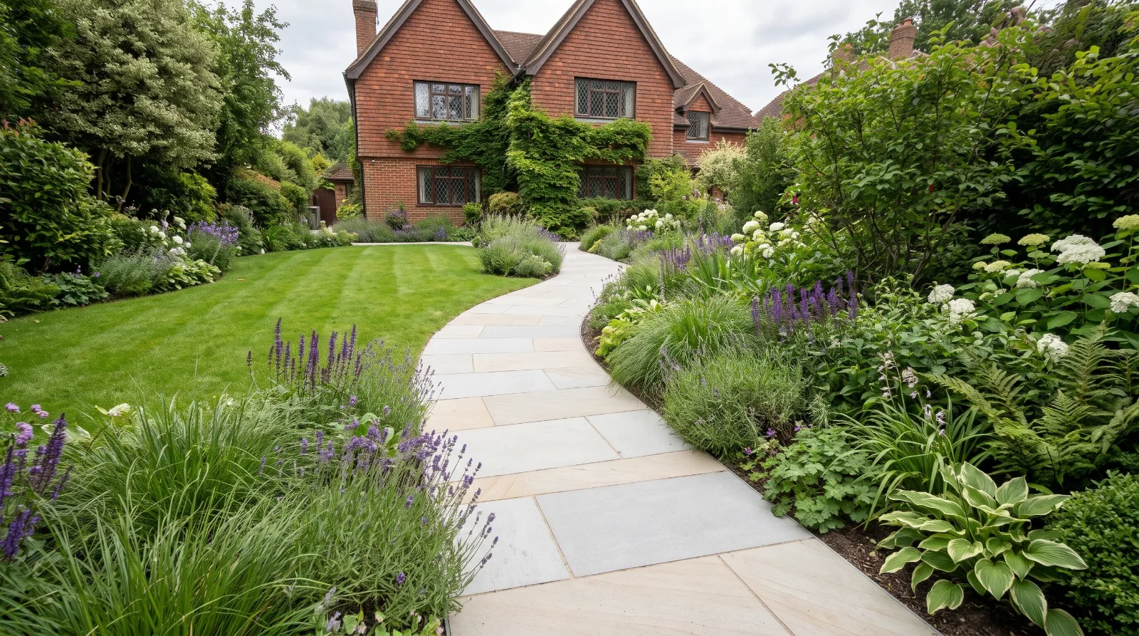 Wide paved garden path bordered by lawn and planting in a landscaped Surrey garden.