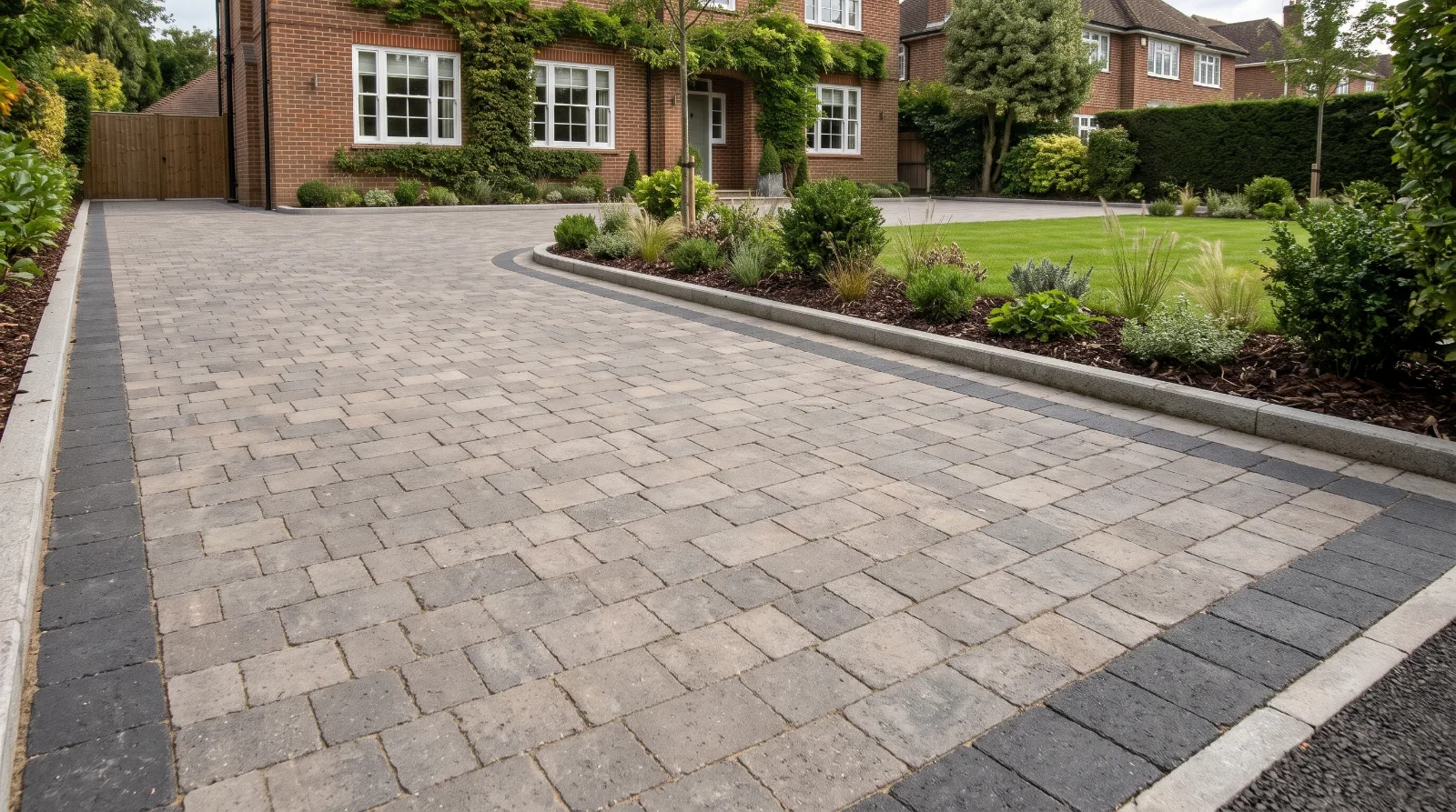 Block-paved driveway with contrasting charcoal edging and a neat border beside a landscaped garden in Surrey.