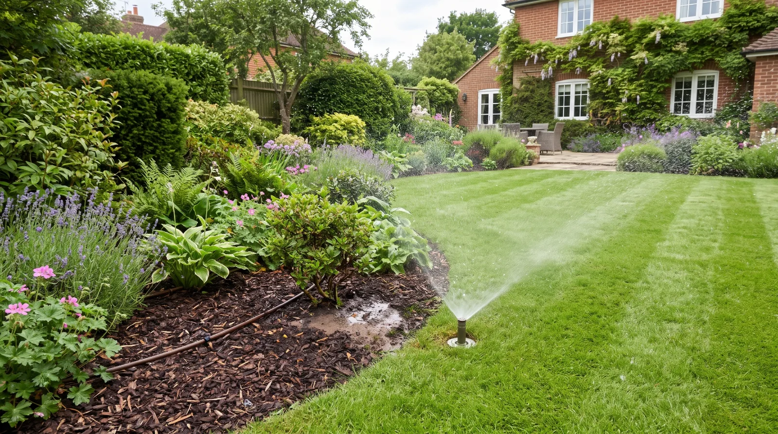 Garden irrigation system watering planting borders and lawn in a landscaped Surrey garden.