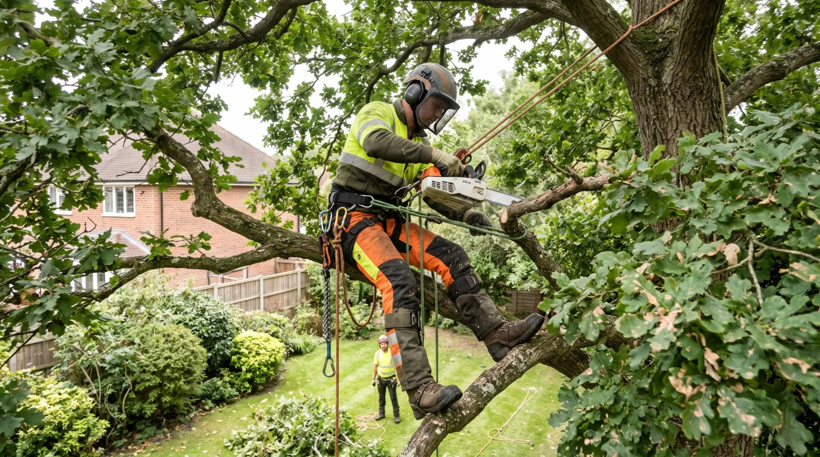 Professional tree surgeon carrying out pruning work on a mature tree in a Surrey garden.