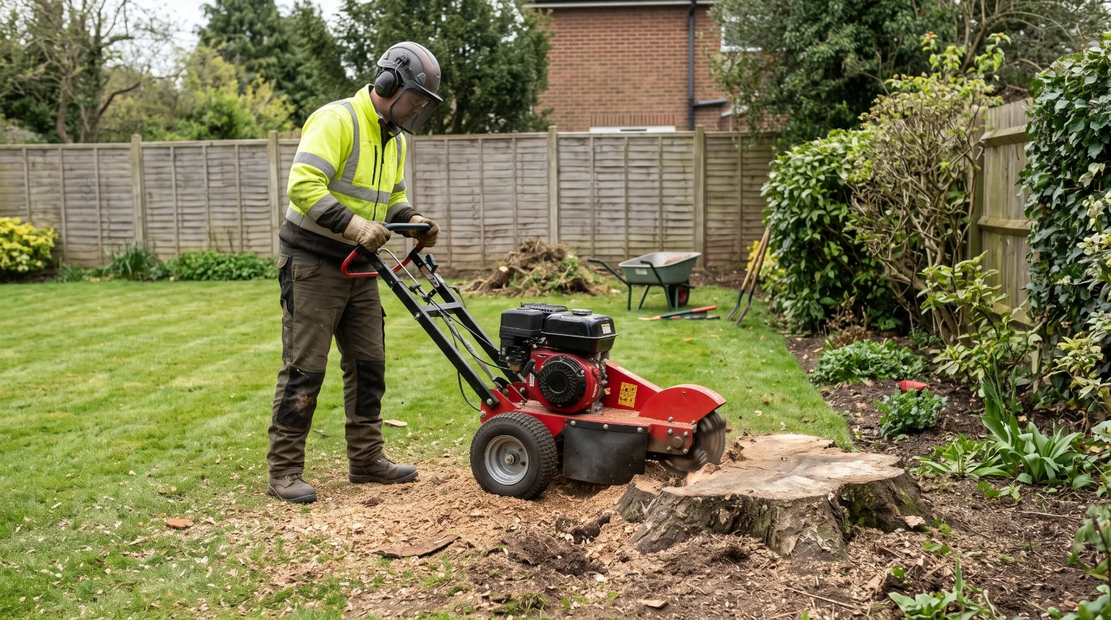 Professional stump grinder reducing an old tree stump below ground level in a landscaped Surrey garden.